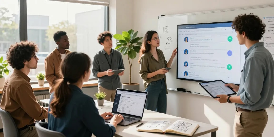 Build internal tools with AI in a collaborative tech workspace highlighting teamwork and innovation.