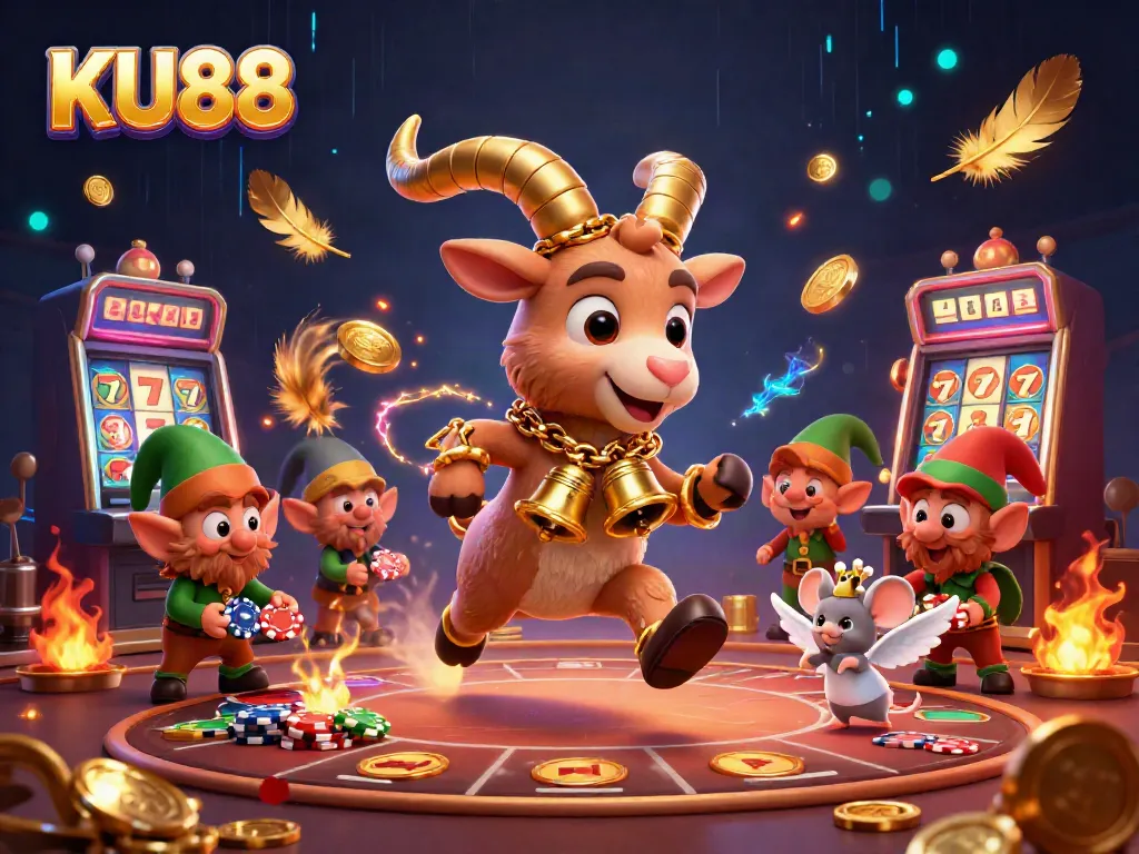 Experience thrilling casino action with KU88's festive gambling scene featuring a Krampus goat, angel mouse, and gremlin mischief.