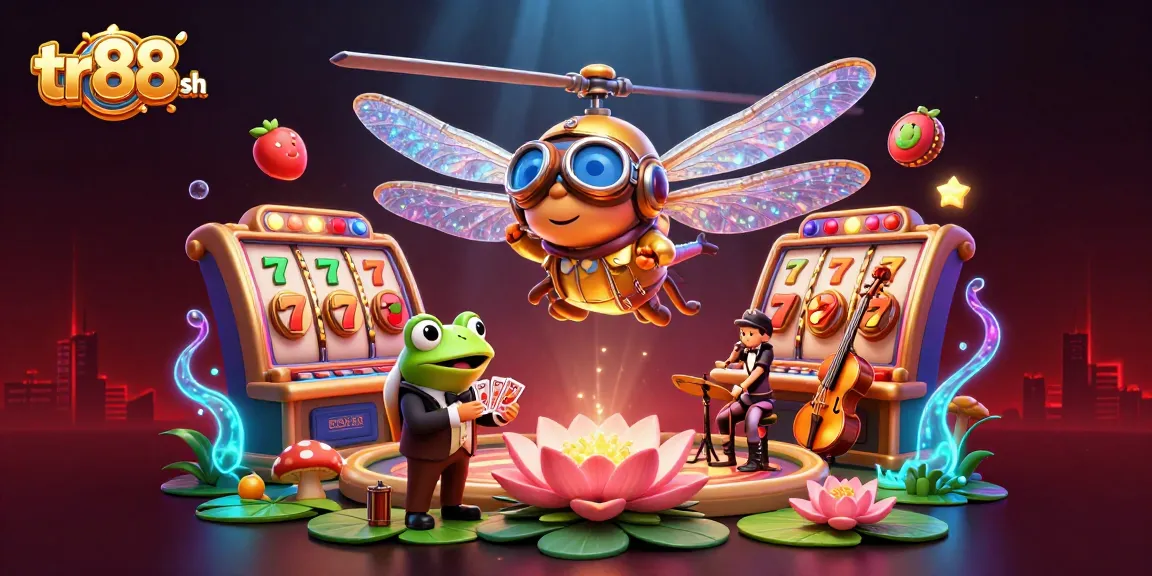 Experience thrilling gameplay at tr88 sh, where a frog croupier deals cards amid vibrant slot reels and festive casino elements.