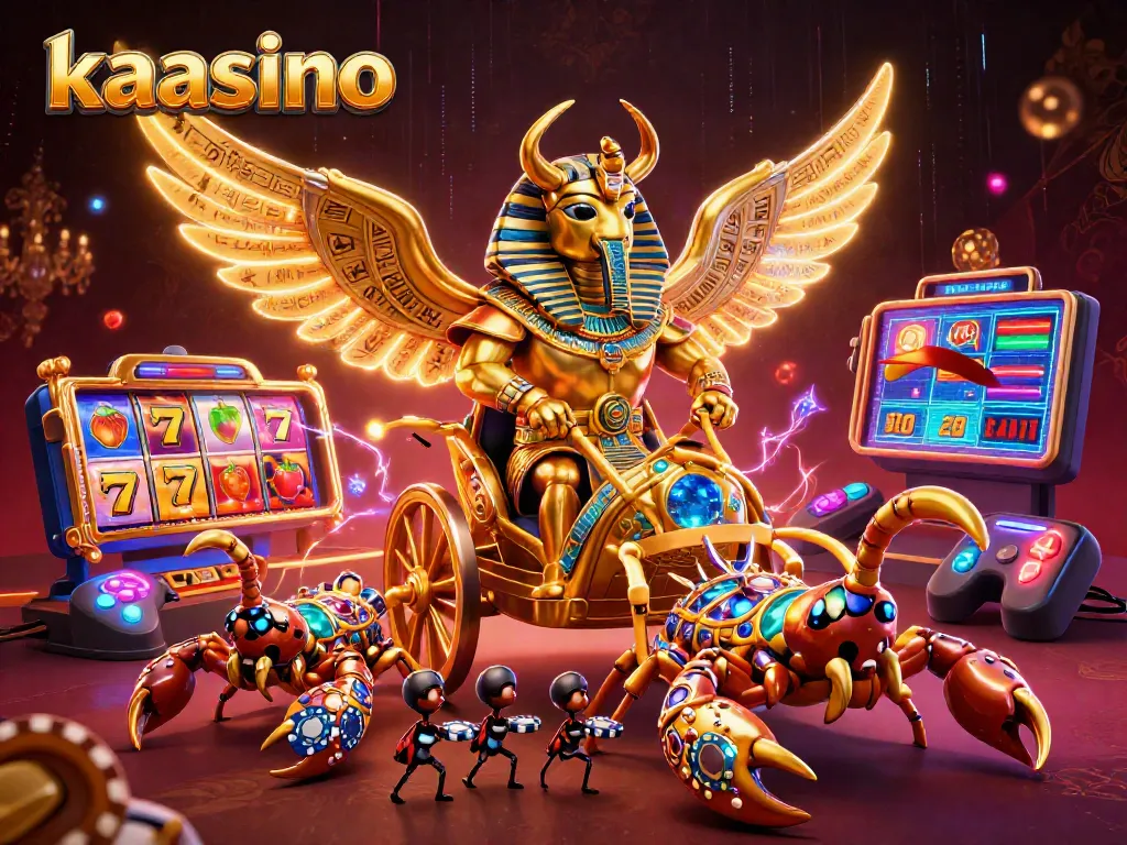 Kaasino scene showcasing a golden scarab beetle and chariot among vibrant slot reels and poker chips