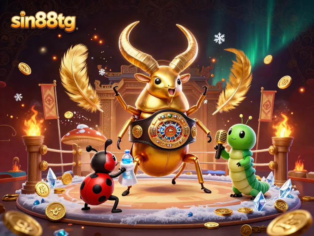 Experience thrilling gameplay at sin88tg with a vibrant 3D illustration of a giant beetle champion.