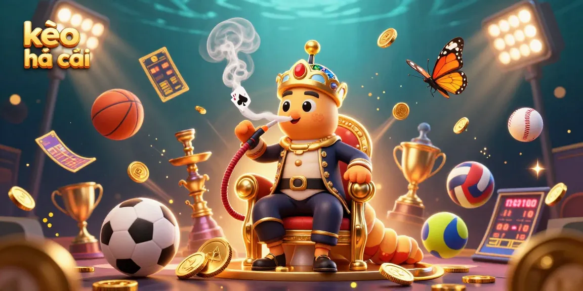 Experience exciting kèo nhà cái with a 3D whimsical scene featuring a caterpillar hookah-master and dynamic sports elements.