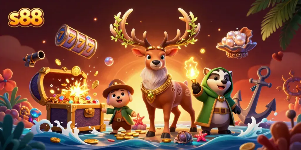 Join the s88 players in this vibrant casino scene with glowing treasures and enchanting characters.