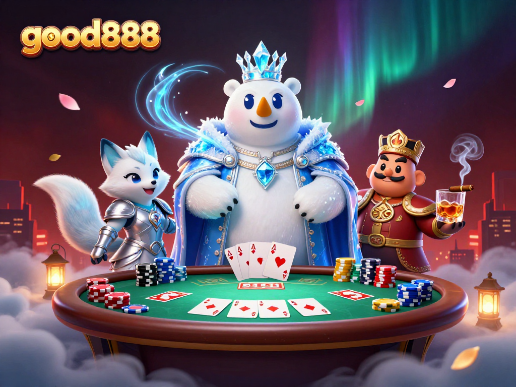 Experience thrilling gameplay with good888 featuring a cartoon ice king and a silver-armored fox on a dynamic poker scene.