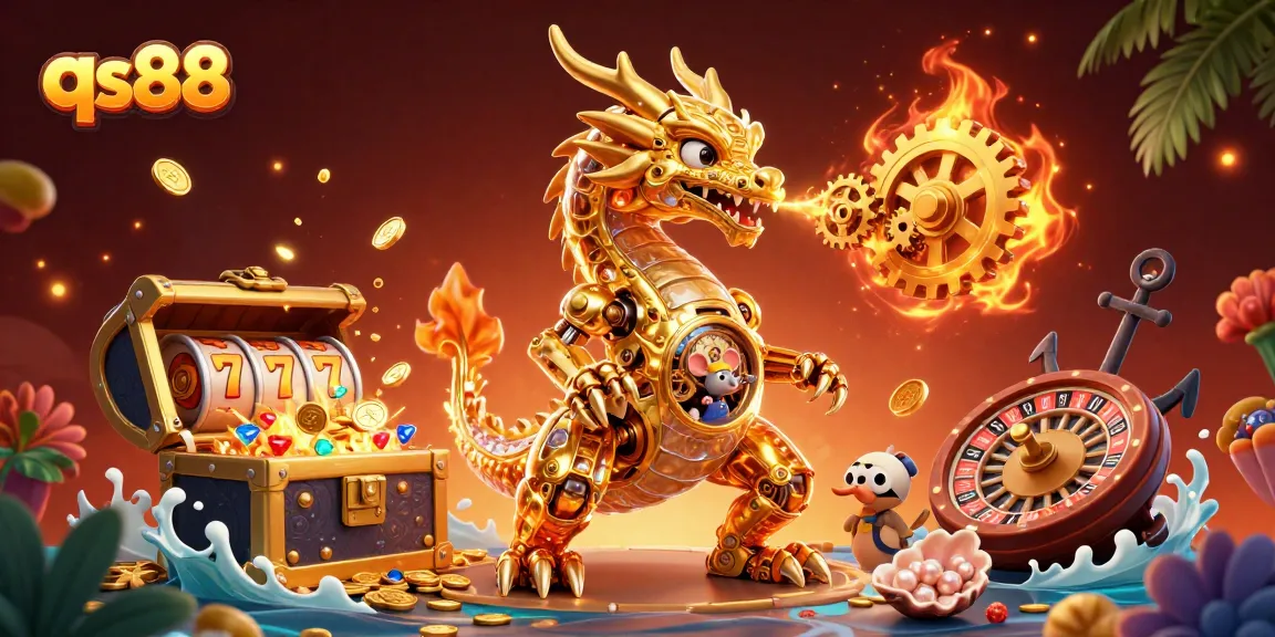 qs88 illustrates a vibrant casino scene with a cartoon dragon amidst golden riches and gaming elements.
