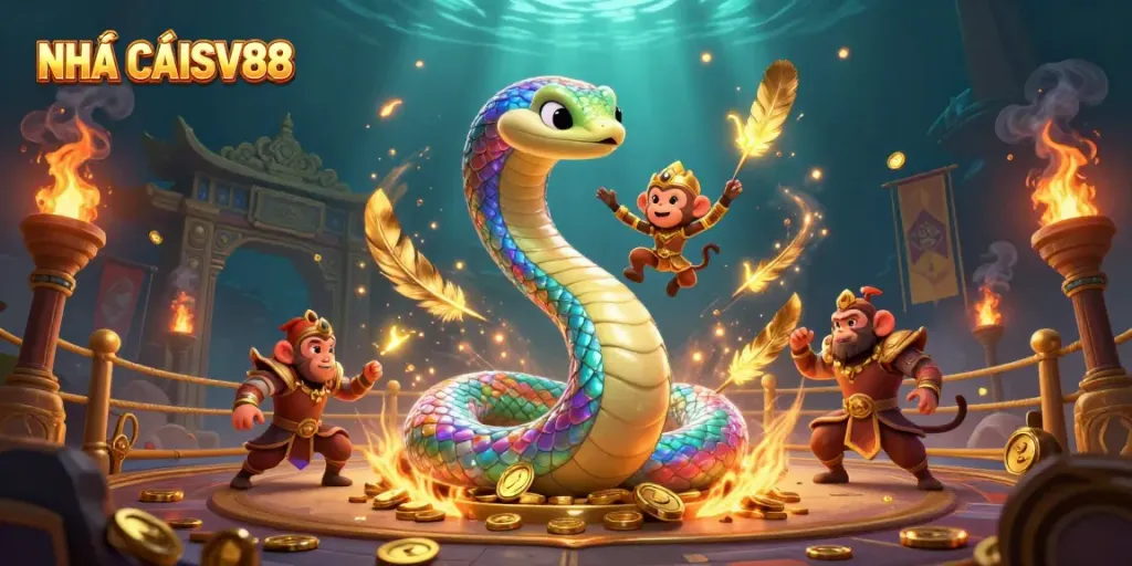 Experience the excitement of NHÀ CÁI SV88 with vibrant characters and lively casino elements in an enchanting scene.