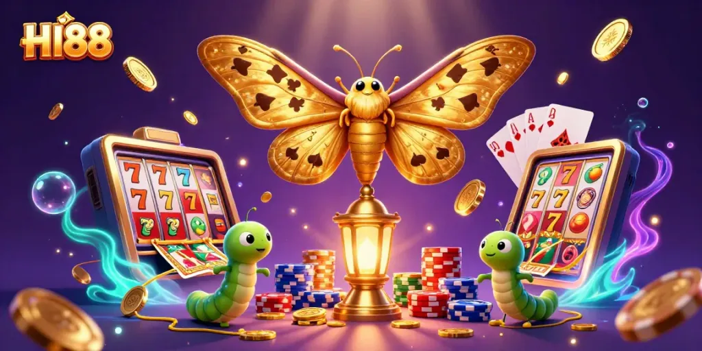 Engage with HI88's vibrant casino world featuring a majestic moth, slot machine, and sparkling gems.