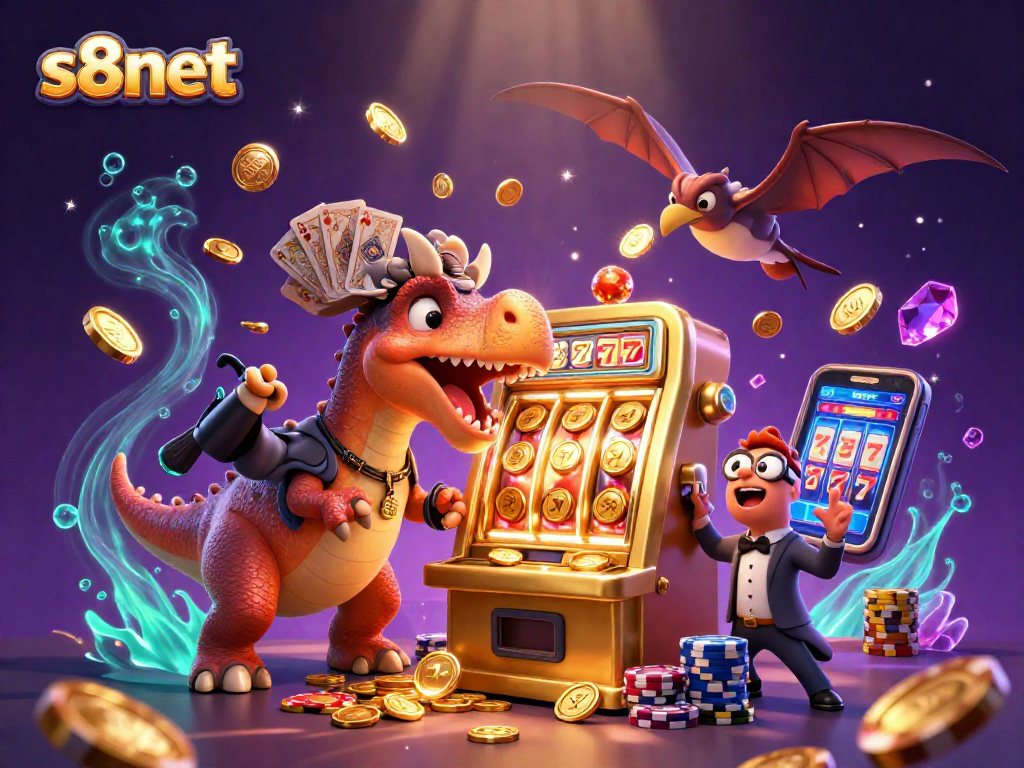 Experience thrilling jackpots at s8net with a pachycephalosaurus celebrating wins amid golden coins