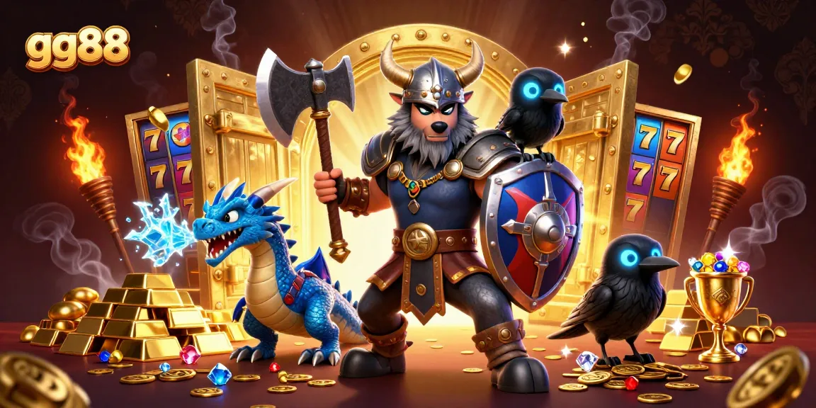 Experience thrilling gameplay with gg88 as the Viking wolf warrior battles amidst a treasure-filled casino scene.