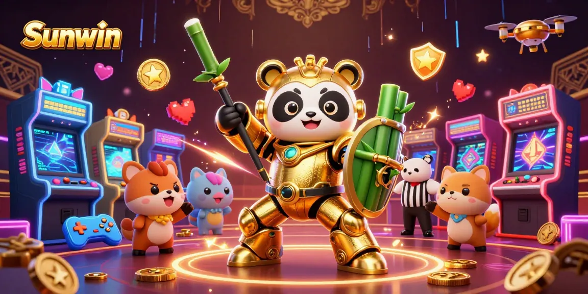 Experience the thrill of Sunwin with vibrant arcade elements and a cartoon mech-suit panda in action.