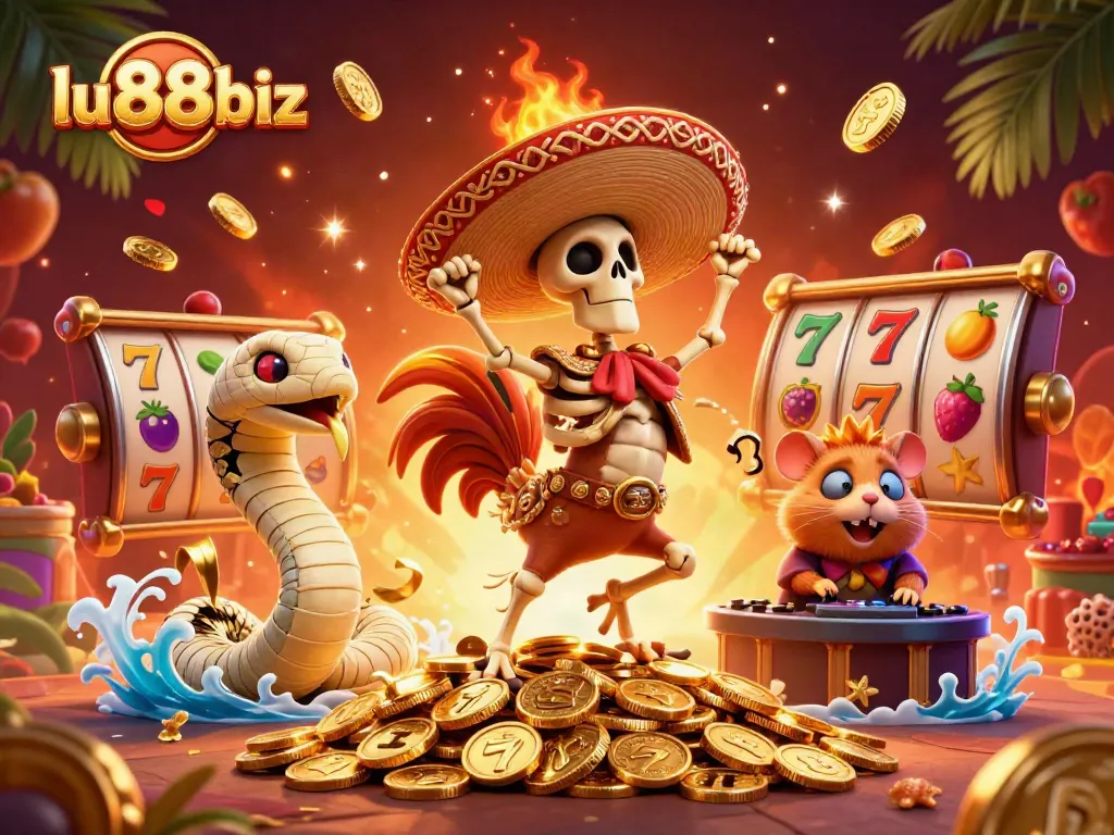 Experience thrilling wins with lu88biz as a skeleton mariachi rooster celebrates on golden coins.