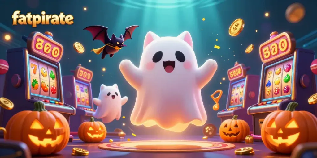 Experience the thrill of fatpirate with a ghost cat and vampire bat in a vibrant casino.