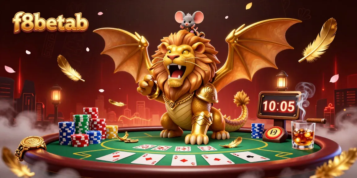 Engage with f8betab through dynamic poker action featuring a golden armored chimera and vibrant casino elements.
