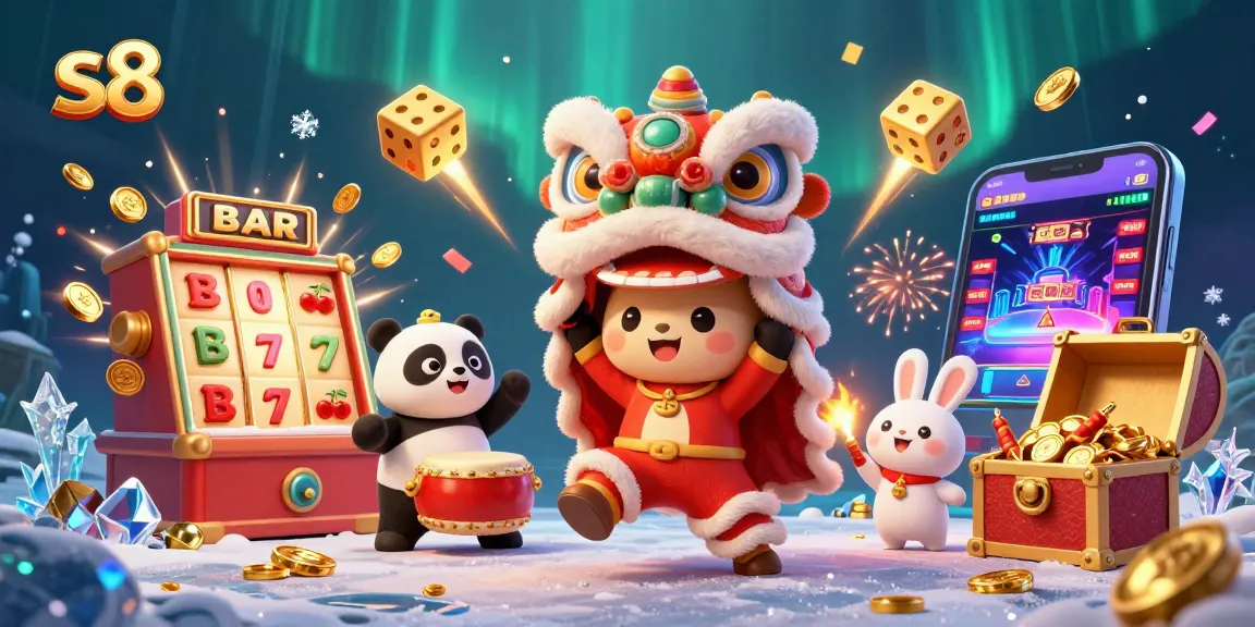 S8 enhances gaming experiences with lively elements like jackpot slot machines and festive characters.