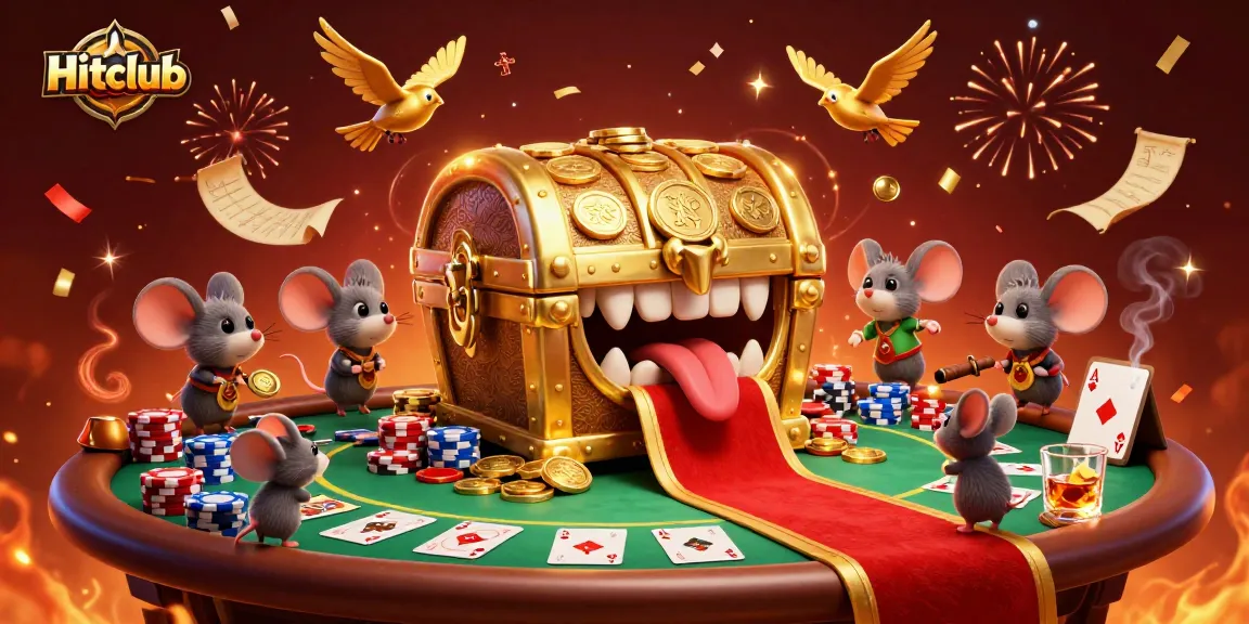 Experience thrilling gameplay at Hitclub with vibrant poker action, treasure chests, and celebratory confetti.