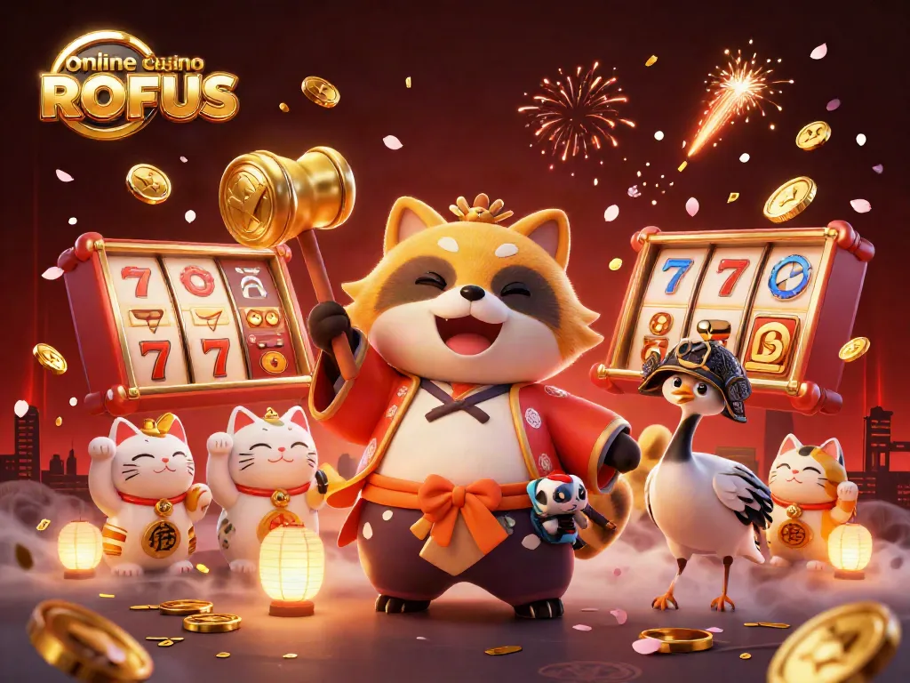 Engage in thrilling gaming experiences at an online casino uden ROFUS featuring vibrant 3D characters and festive elements.