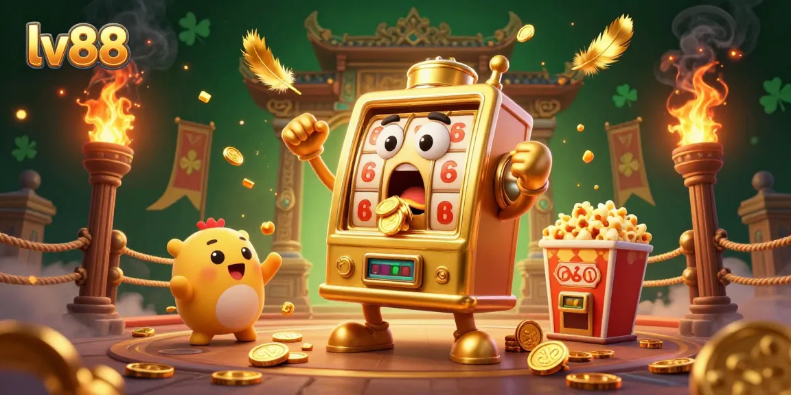 Spin the lucky lv88 slot machine jackpot, surrounded by golden coins and cheerful cartoon characters.