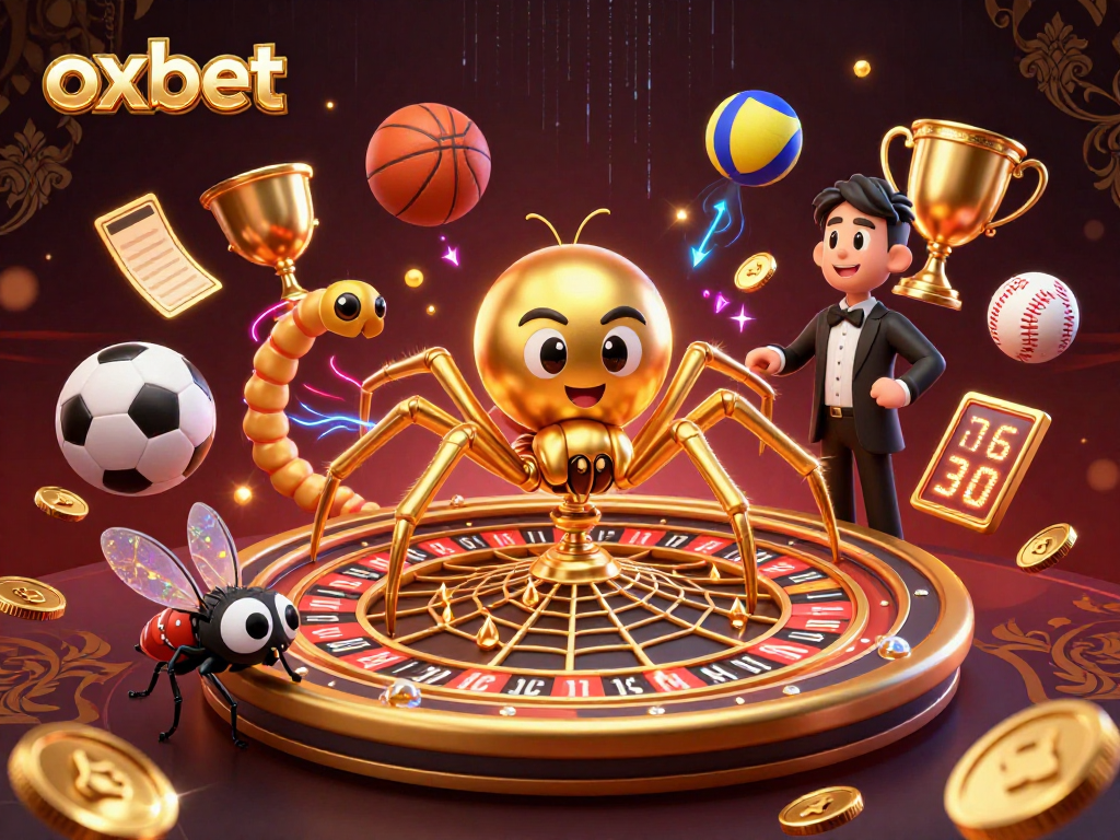 Bet on thrilling games at OXBET with a dynamic scene of a golden spider spinning a roulette wheel.