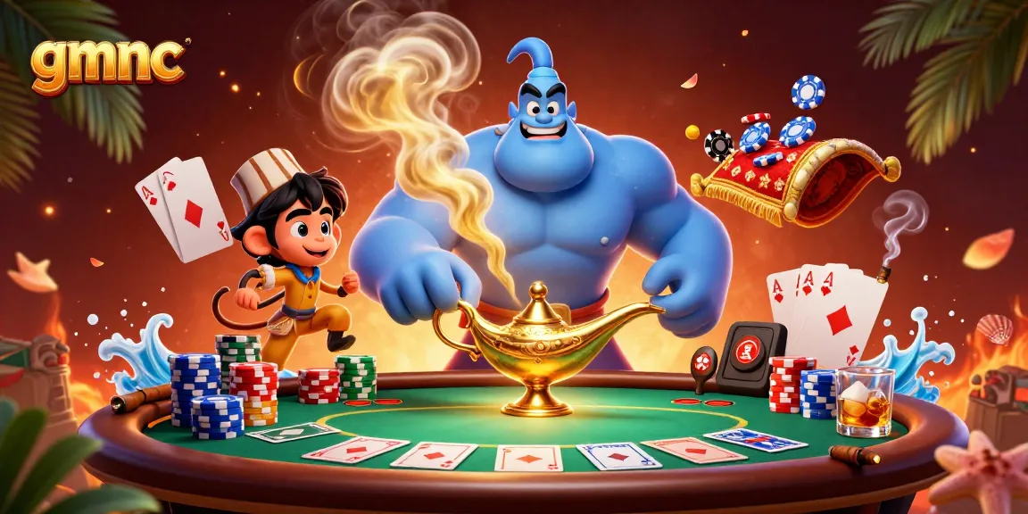 Join the magical world of gmnc as a blue genie bursts forth to elevate your poker game!