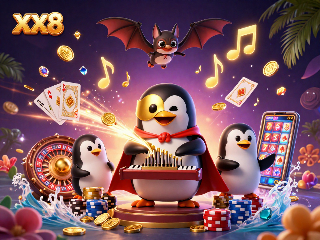 Experience the excitement of XX8 with a cartoon casino scene featuring a penguin organist and acrobat.