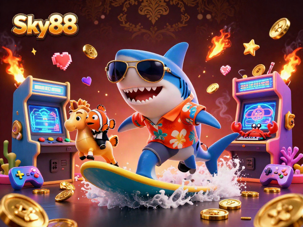 Experience the excitement of Sky88 with vibrant casino elements and dynamic sea creatures.