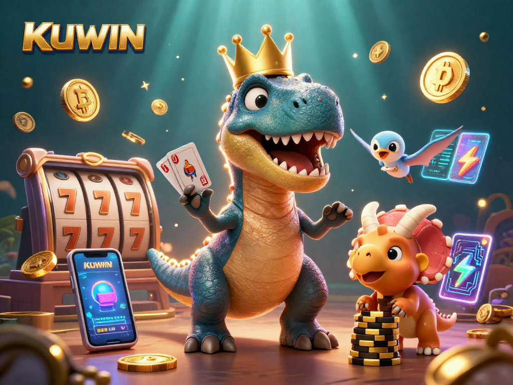 KUWIN casino characters engaged in gameplay surrounded by vibrant gambling elements and crypto coins.