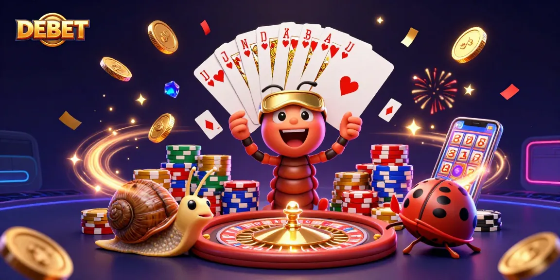 Experience DEBET excitement through a vibrant 3D illustration of cartoon characters at a lively casino scene.