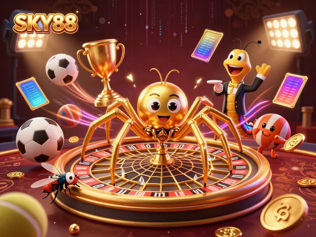 SKY88 engages players with vibrant 3D illustration featuring a golden spider and betting fly in a roulette world.