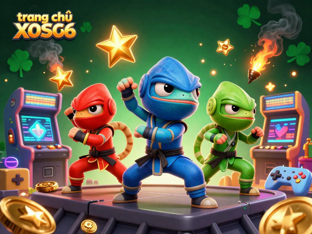 Experience thrilling gameplay on trang chủ XOSO66 with a colorful team of chameleon ninjas and arcade machines.