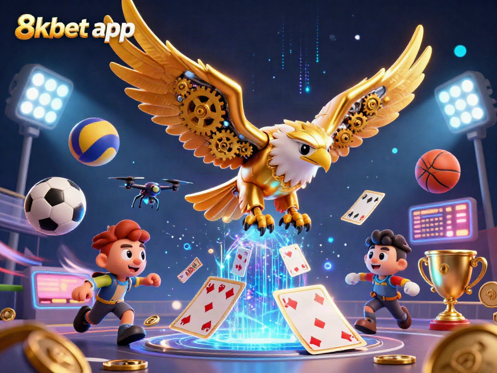 Betting with the 8xbet app, featuring a cybernetic golden eagle, sports elements, and thrilling visuals.