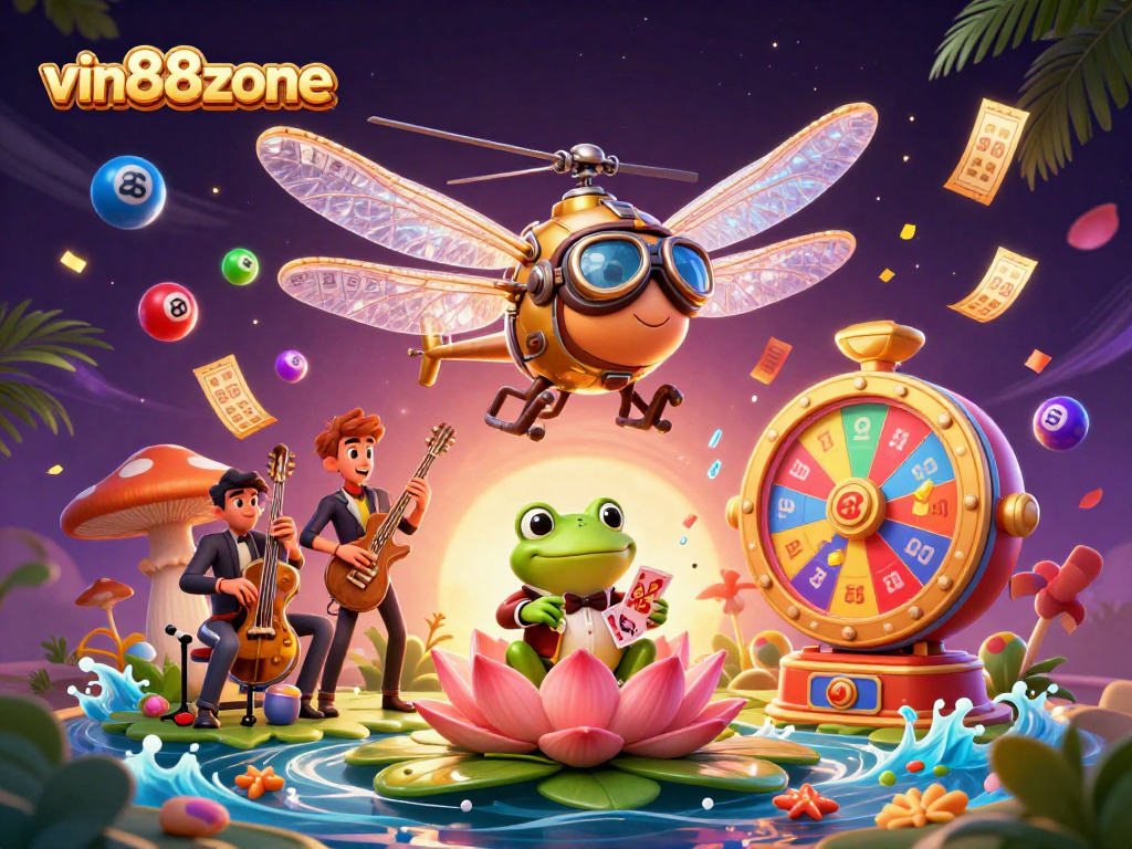 Spin winning prizes at vin88zone's vibrant lily pad casino with colorful gambling elements.
