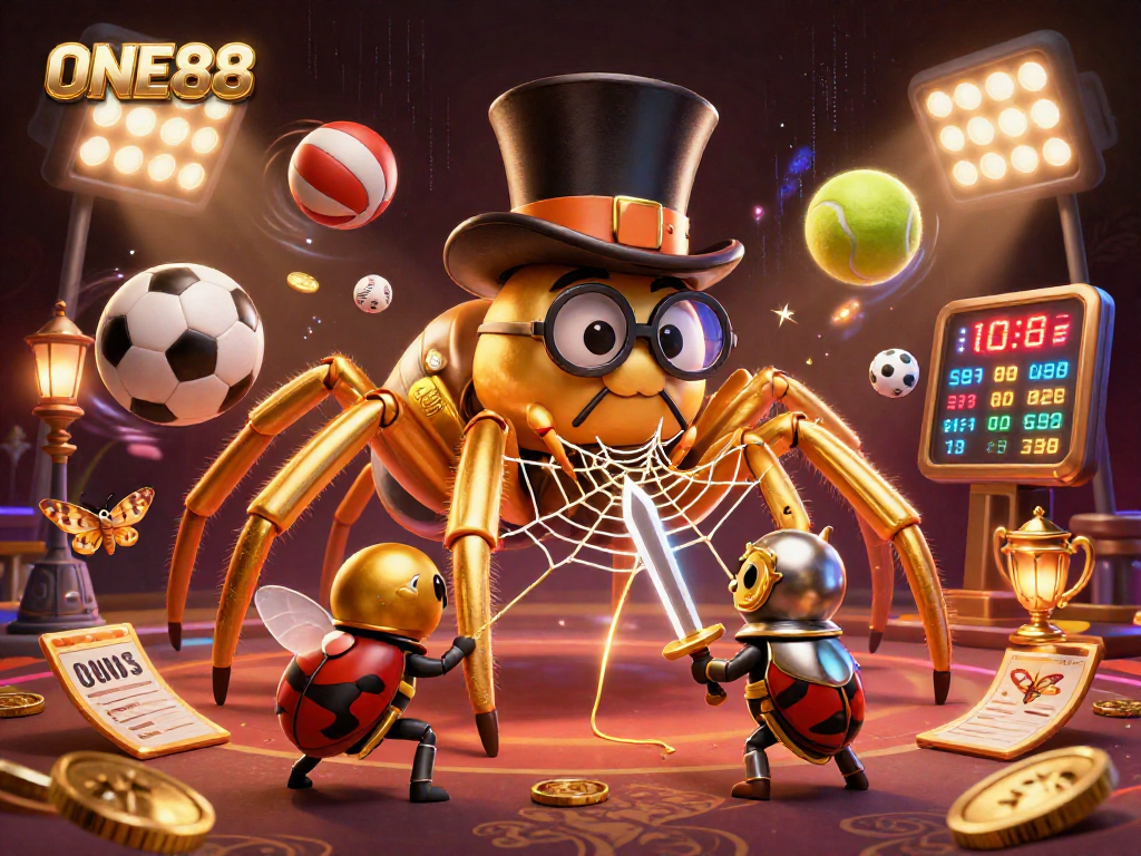 ONE88 sports betting adventure with a giant tarantula and knight in a vibrant casino.