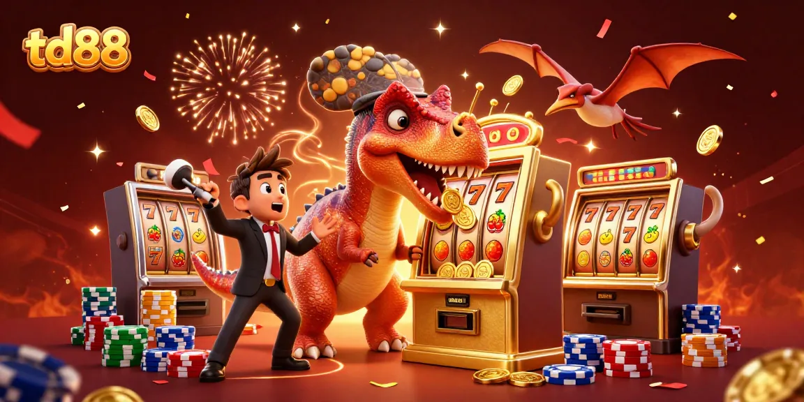 Catch flying coins with TD88 as a pachycephalosaurus hits a jackpot slot machine in this exciting illustration.