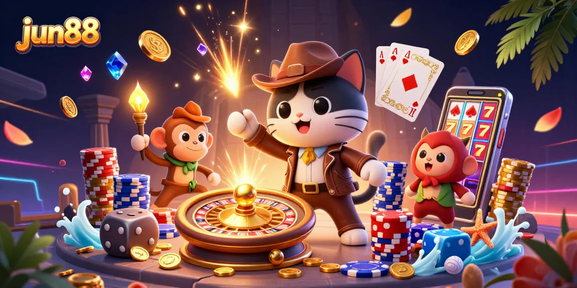 Experience the excitement of jun88 with a 3D explorer cat discovering casino treasures amid vibrant gaming elements.