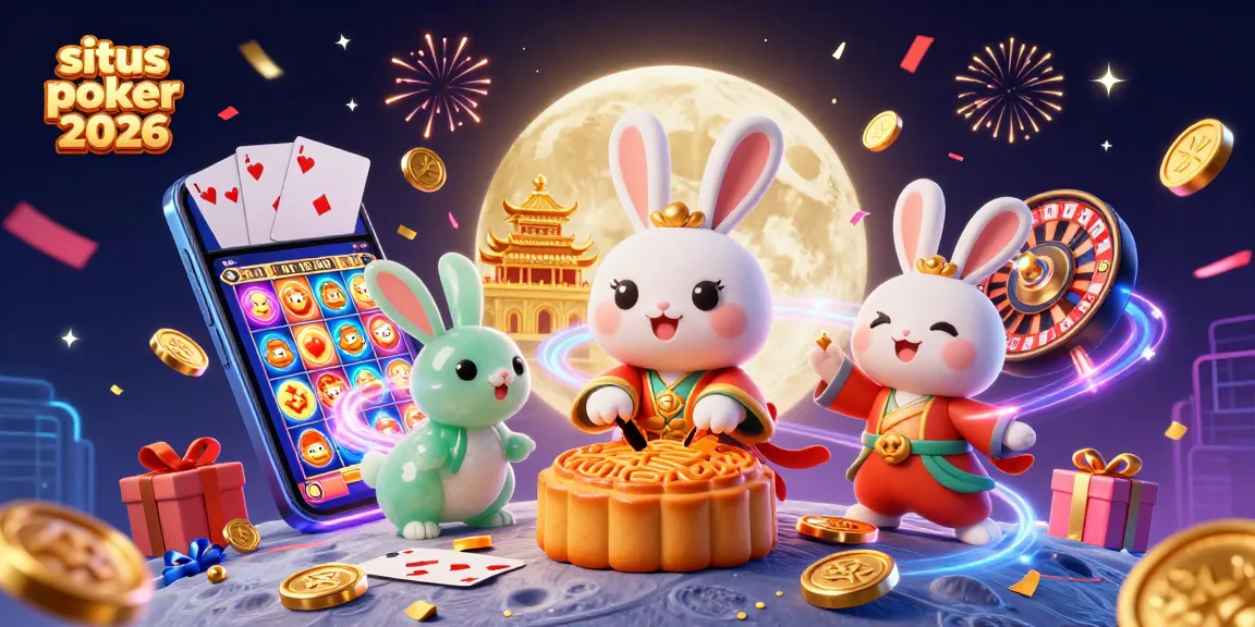 Mainkan situs poker 2026 dengan perayaan gaya kartun yang meriah dan elemen kasino.