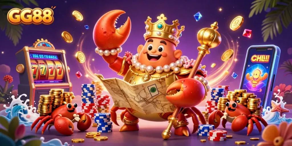 GG88 showcases a golden crab emperor and treasure map in a vibrant casino-themed 3D illustration.