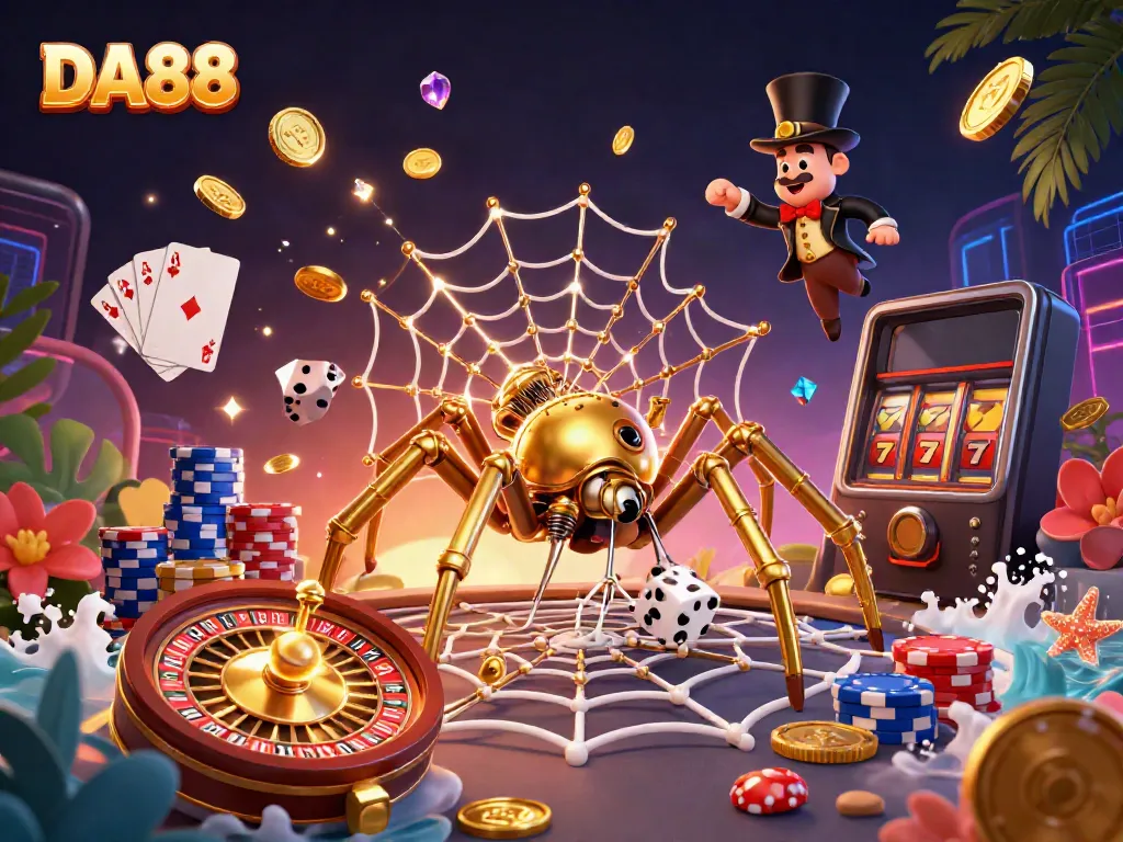 Experience thrilling gameplay with DA88 in this vibrant casino-themed 3D illustration featuring dynamic elements.