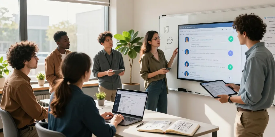 Build internal tools with AI in a collaborative tech workspace highlighting teamwork and innovation.