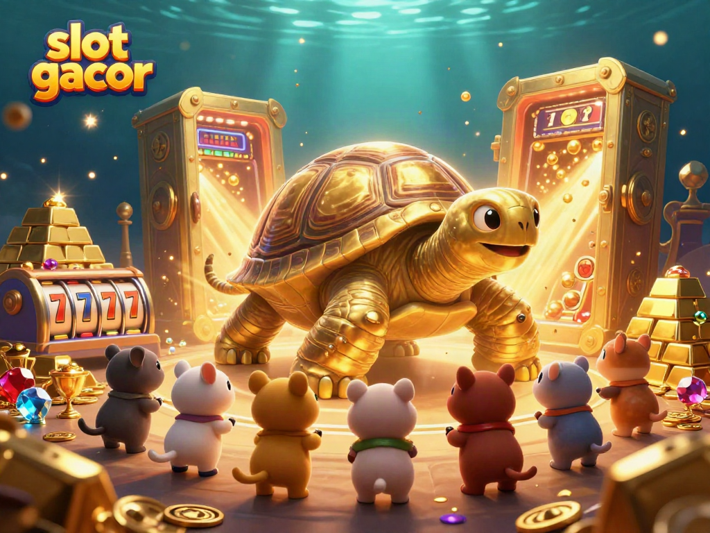 Engaging slot gacor scene with a golden tortoise and treasures, inviting players to spin and win!