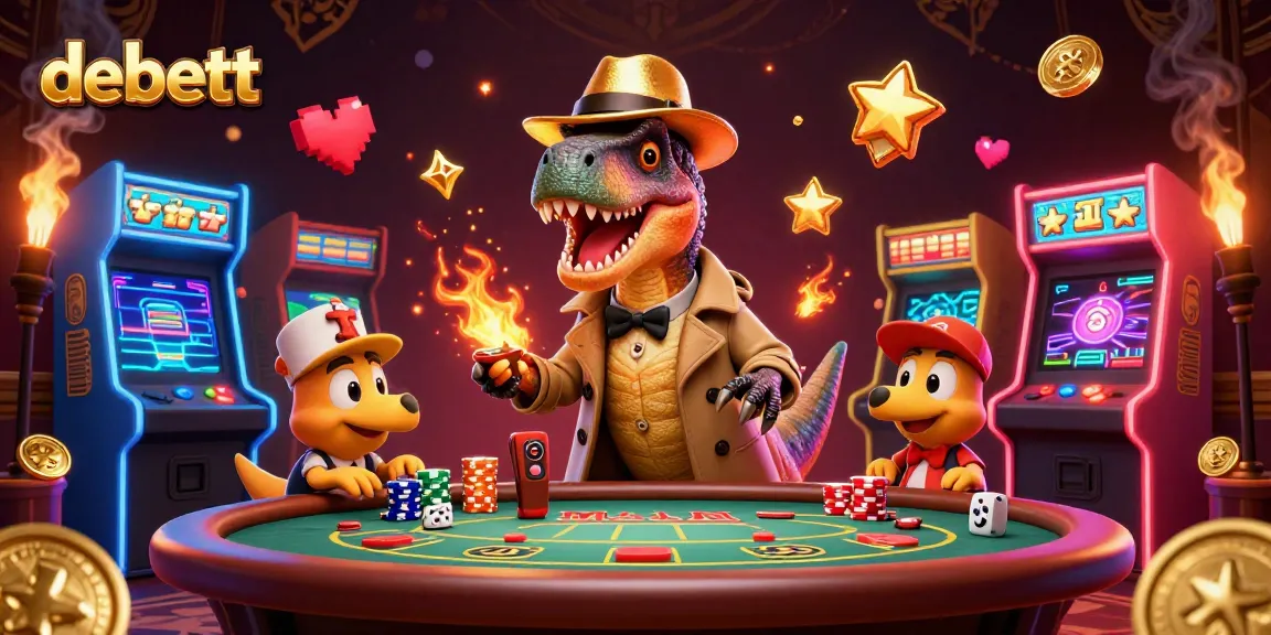 Experience thrilling gaming action at debett with playful characters in a vibrant casino scene.
