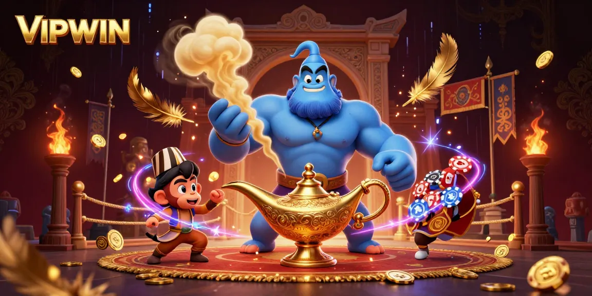 Engage with VIPWIN's thrilling 3D casino illustration showcasing a genie, magic carpet, and dynamic gaming elements.