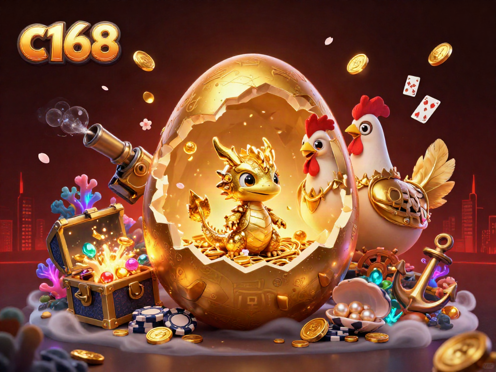 Experience the excitement of c168 with a golden dragon amidst vibrant casino elements.