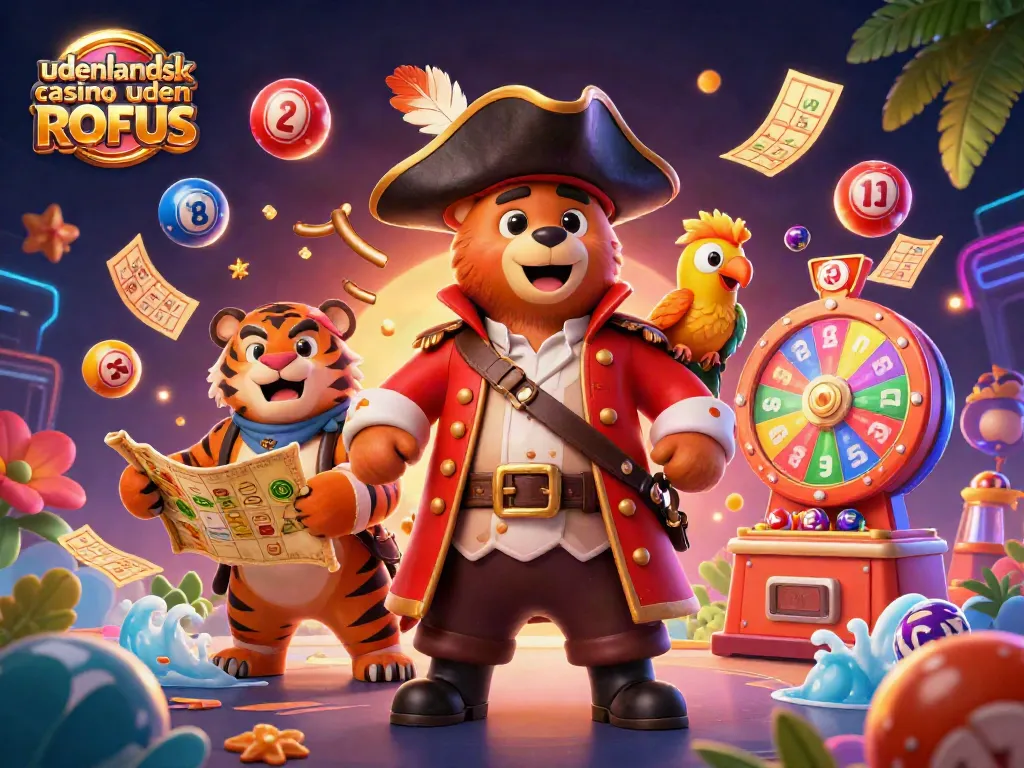 Experience the excitement of udenlandsk casino uden ROFUS with cartoon characters amidst dynamic casino elements.