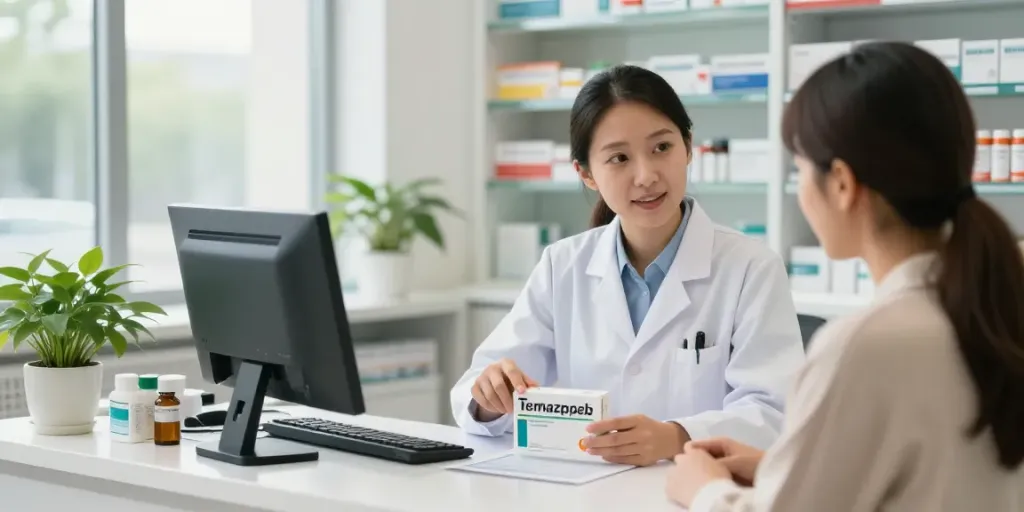 Temazepam kopen advies van een apotheker in een moderne apotheek setting