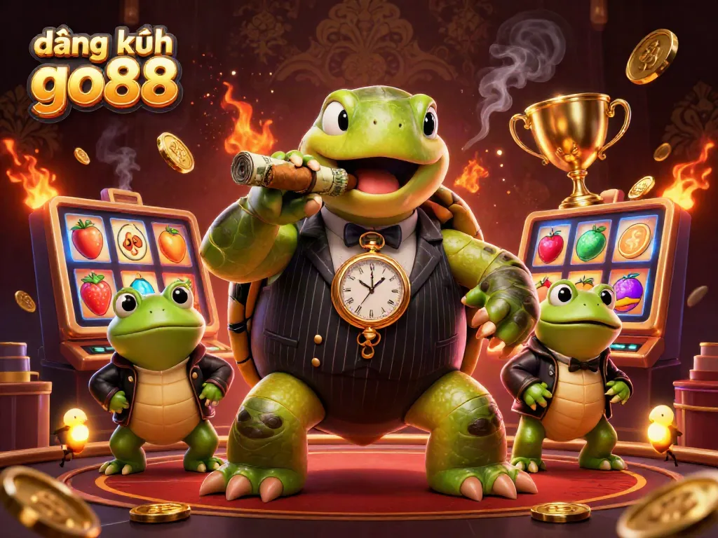 Engaging scene depicting đăng ký go88 with a cartoon turtle and bullfrogs amidst a vibrant slot game theme.