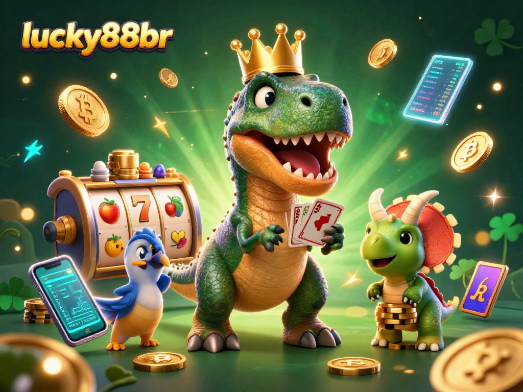 Unleash winning strategies with lucky88br in a vibrant casino scene featuring Jurassic characters.