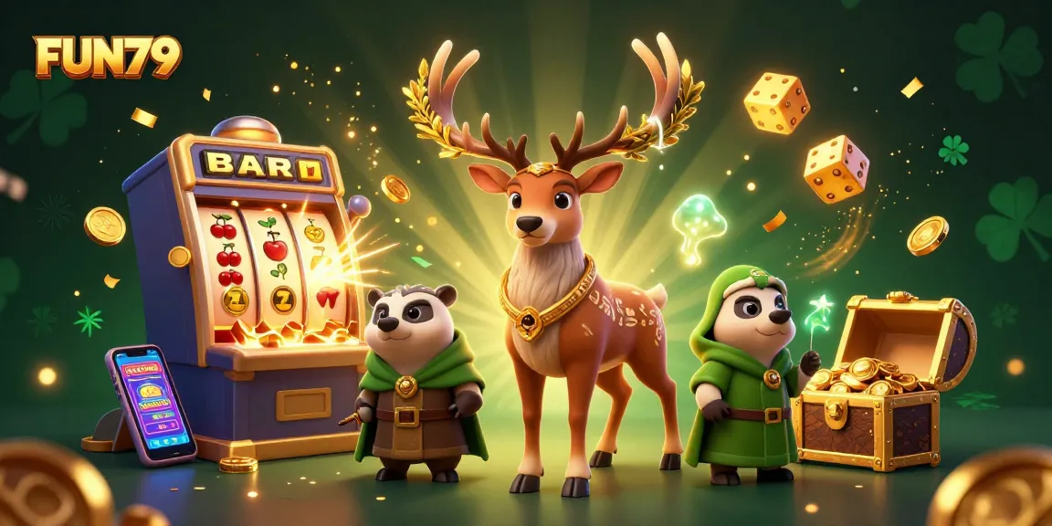 Experience thrilling gaming at FUN79 with a vibrant casino scene, including a jackpot explosion and dynamic game elements.
