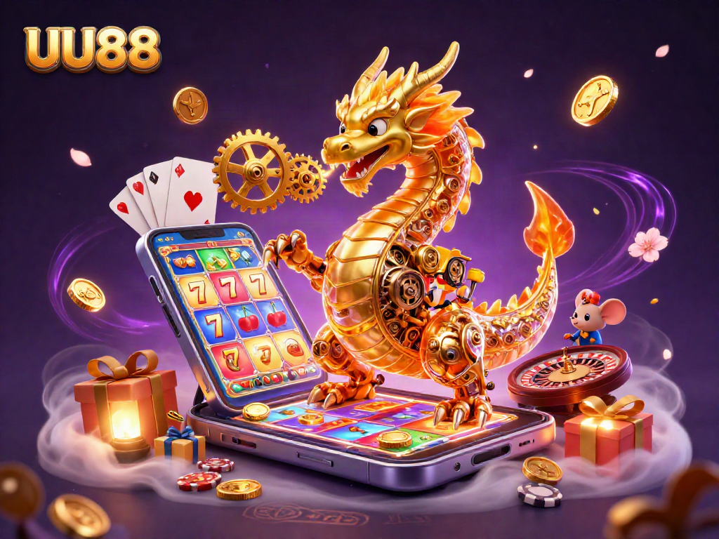 UU88 slots experience with a biomechanical dragon and mouse engineer in vibrant casino scene