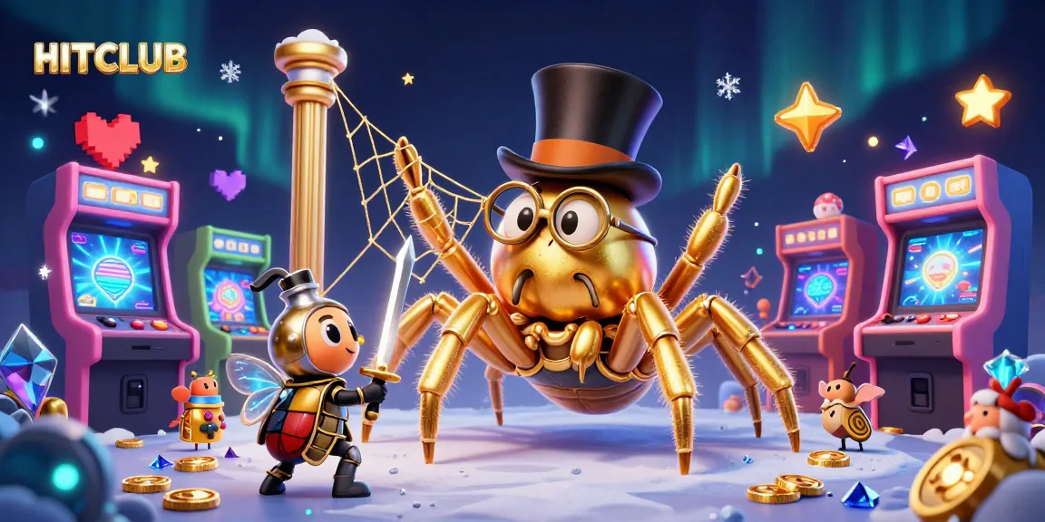 HITCLUB captivates players with a dynamic scene of a golden tarantula weaving its web amidst vibrant gaming machines.
