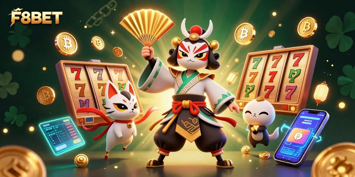 Spin the reels and win at F8BET with exciting slots surrounded by vibrant characters and digital elements.